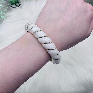 Ivory Beige with Gold Stripe Design Thick Enamel Bangle Bracelet